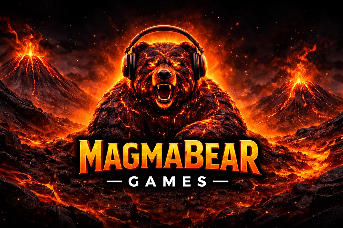 MagmaBear Games logo: a roaring bear in headphones rising from a lava field